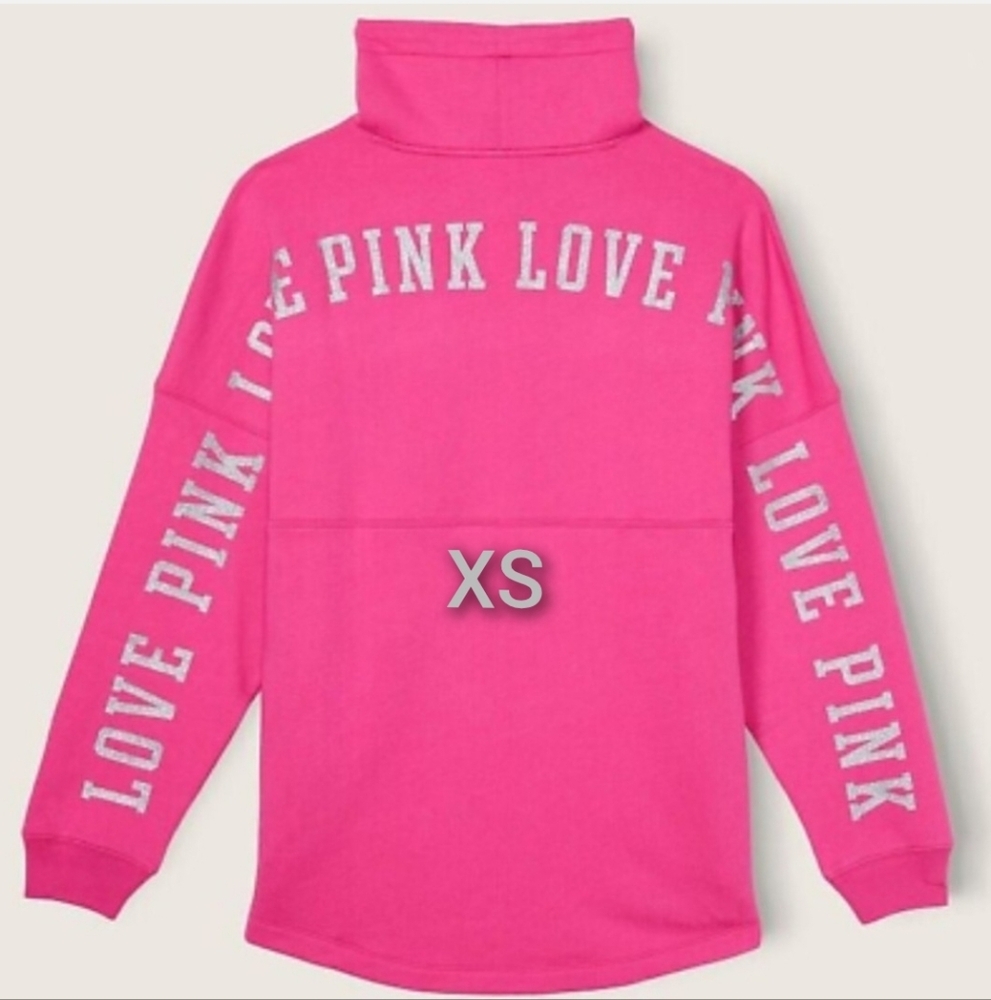 NWT SZ XS VS PINK COWL NECK GLITTER SHINE ATOMIC PINK SWEATSHIRT.